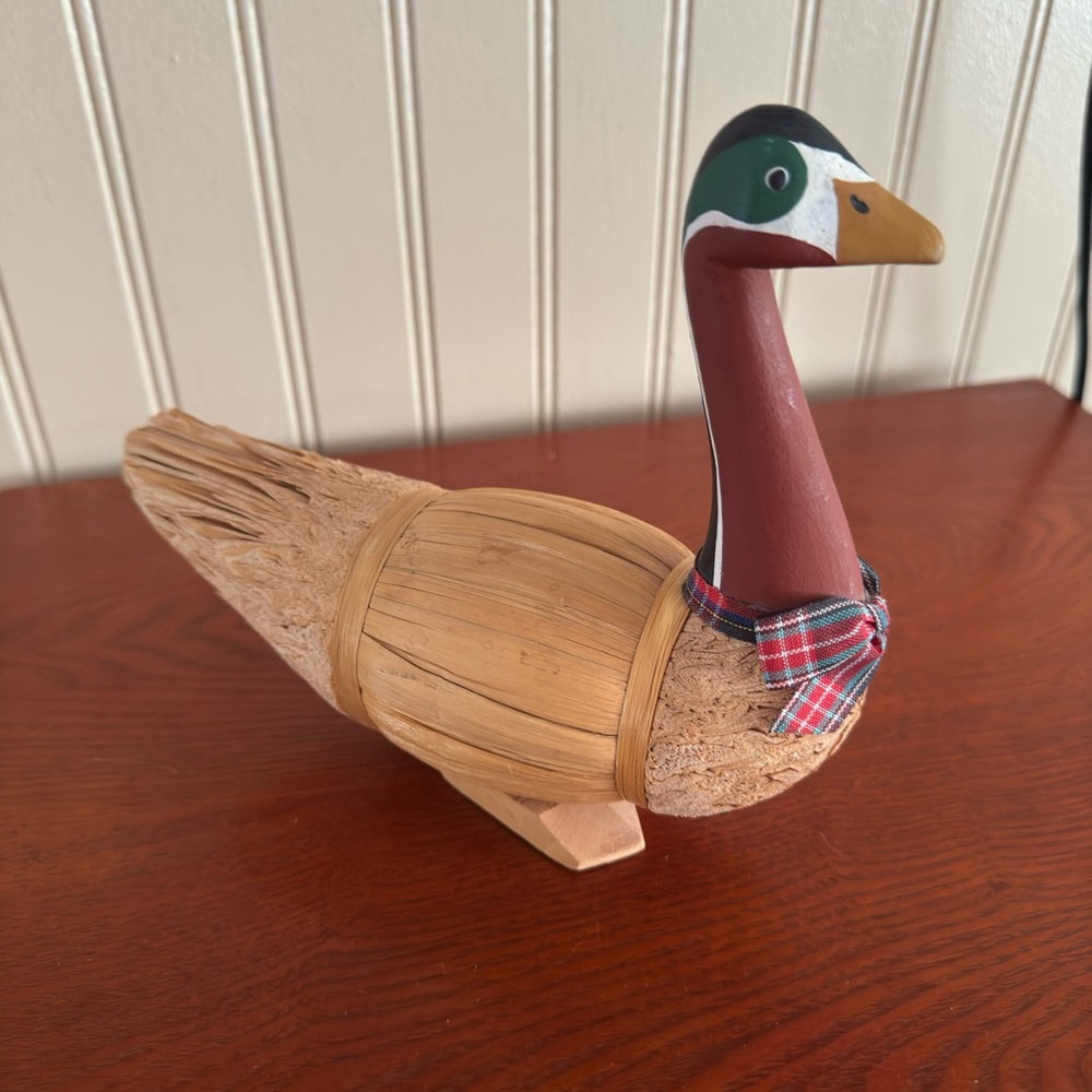 Decorative Duck Figurine with Plaid Scarf